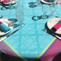 Square webbed Jacquard tablecloth "Renaissance" turquoise, fuchsia, Tissus Toselli