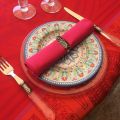 Square Jacquard polyester tablecloth "Chamaret" red and orange  from "Sud Etoffe"