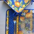 Coated cotton bread basket with laces, "Lemons" yellow and blue