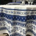 Nappe provençale ronde en coton enduit "Avignon" Blanc et bleu "Marat d'Avignon"