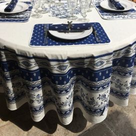 Coated cotton round tablecloth "Avignon" white and blue by "Marat d'Avignon"