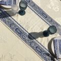 Jacquard table runner ou square table mats, Delft ecru bordure "Bastide" blue and white