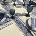 Jacquard table runner ou square table mats, Delft ecru bordure "Bastide" blue and white