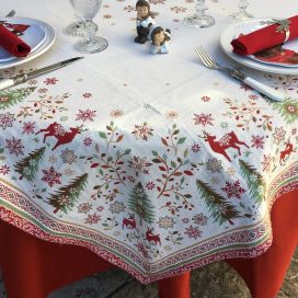 Jacquard tablecloth "Vallée" green and red, Tissus Toselli