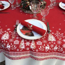 Jacquard tablecloth "Vallée" ecru and red, Tissus Toselli