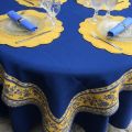 Nappe carrée damassée bleue, bordure "Avignon" jaune et bleue