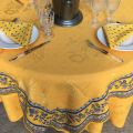 Square damask Jacquard tablecloth golden yellow, bordure "Bastide" yellow and blue