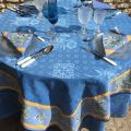 Square Jacquard tablecloth Delft blue, bordure "Clos des Oliviers" blue