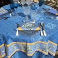 Square Jacquard tablecloth Delft blue, bordure "Clos des Oliviers" blue