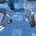 Square Jacquard tablecloth Delft blue, bordure "Clos des Oliviers" blue