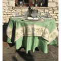 Square damask Jacquard tablecloth Delft green, bordure "Clos des Oliviers" ecru