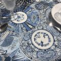 Rectangular Jacquard tablecloth  "Sensha" blue and ecru by Tissus Toselli