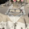 Linen and polyester table runner "Lavandes brodées" linen and white bordure