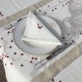 Chemin de table lin et polyester "Fleurs roses" blanc bordure lin