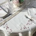 Linen and polyester table runner "Fleurs roses" white and linen bordure