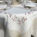 Rectangular linen and polyester tablecloth "Fleurs roses" white and linen bordure