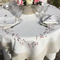 Square linen and polyester tablecloth "Fleurs roses" white and linen bordure