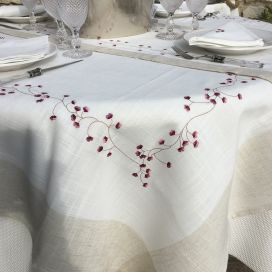 Square linen and polyester tablecloth "Fleurs roses" white and linen bordure