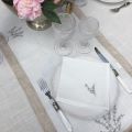 Linen and polyester table runner "Lavandes brodées" white and linen bordure