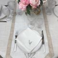 Linen and polyester table runner "Lavandes brodées" white and linen bordure