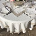 Rectangular linen and polyester tablecloth "Cigale et olives" white and linen bordure