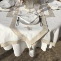Rectangular linen and polyester tablecloth "Cigale et olives" white and linen bordure