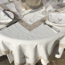 Square linen and polyester tablecloth "Cigale et olives" white and linen bordure