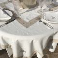 Nappe carrée lin et polyester "Cigale et olives" blanc bordure lin