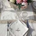 Rectangular linen and polyester tablecloth "Cigale et olives" white and linen bordure