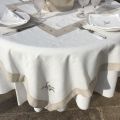 Rectangular linen and polyester tablecloth "Cigale et olives" white and linen bordure