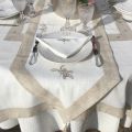 Rectangular linen and polyester tablecloth "Cigale et olives" white and linen bordure