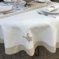 Round linen and polyester tablecloth "Cigale et olives" white and linen bordure