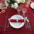 Rectangular Jacquard polyester tablecloth "Natif" red and silver from "Sud Etoffe"