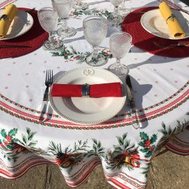 Christmas coated cotton round tablecloth "Sylvestre" white and red