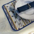  Rectangular damask Jacquard tablecloth Delft ecru, bordure "Moustiers" blue