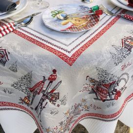 Jacquard tablecloth "Savoie" grey and red, Tissus Toselli