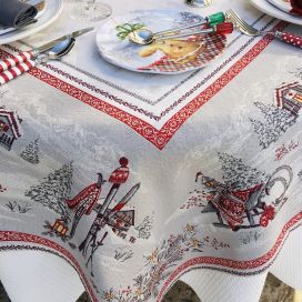 Rectangular Jacquard tablecloth "Savoie" grey and red, Tissus Toselli