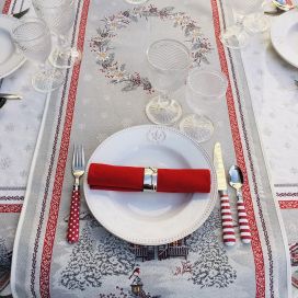 Jacquard table runner "Savoie" grey and red byTissus Tosseli