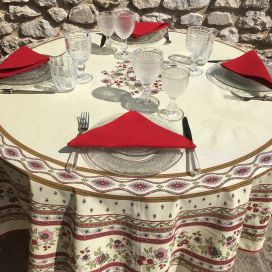 Rounb tablecloth in cotton "Avignon" Off-White and red by "Marat d'Avignon"