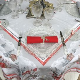 Rectangular christmas tablecloth in cotton "Savoie" grey and red