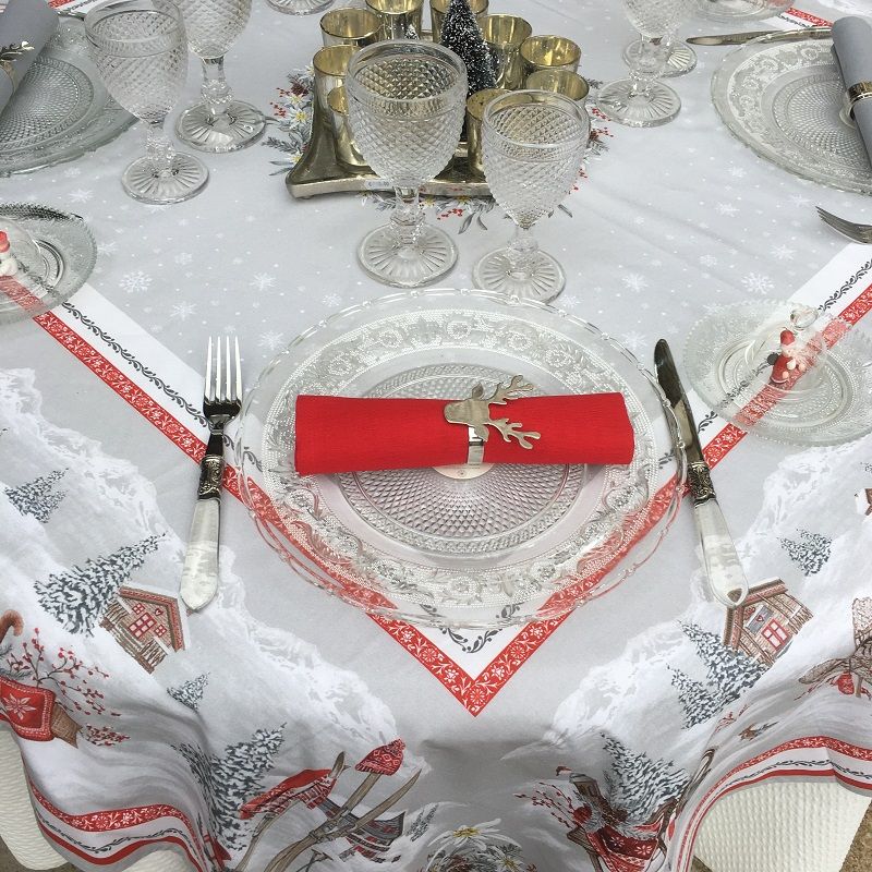 Nappe de fêtes rectangulaire en coton "Savoie" grise et rouge