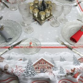 Christmas rectangular coated cotton tablecloth "Savoie" grise et rouge