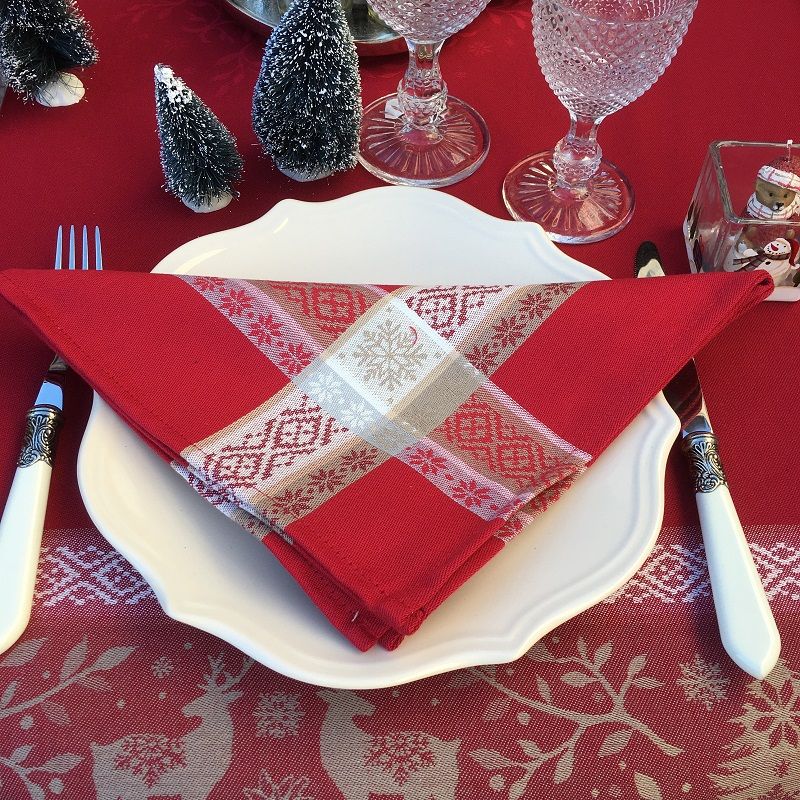 Serviette de table Jacquard Vars gris et rouge , Tissus Toselli