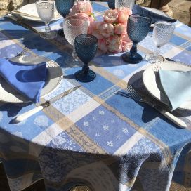 Round coated Jacquard tablecloth "Valescure" blue and beige