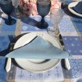 Round coated Jacquard tablecloth "Valescure" blue and beige