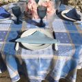 Round coated Jacquard tablecloth "Valescure" blue and beige