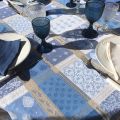 Round coated Jacquard tablecloth "Valescure" blue and beige