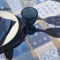 Round coated Jacquard tablecloth "Valescure" blue and beige