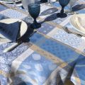 Round coated Jacquard tablecloth "Valescure" blue and beige