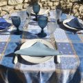 Round coated Jacquard tablecloth "Valescure" blue and beige